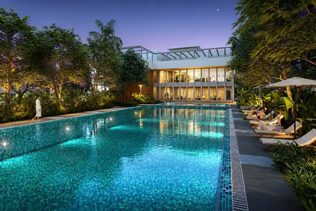 In That Quiet Earth clubhouse and swimming pool